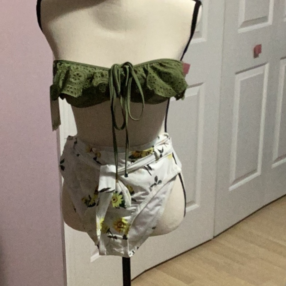 Olive Green Ruffle Bikini Top with Floral Bottom